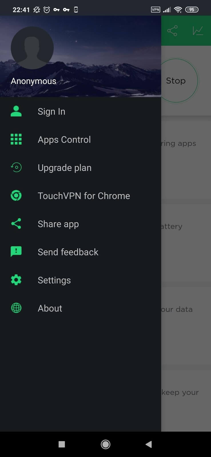 Interfaz móvil TouchVPN