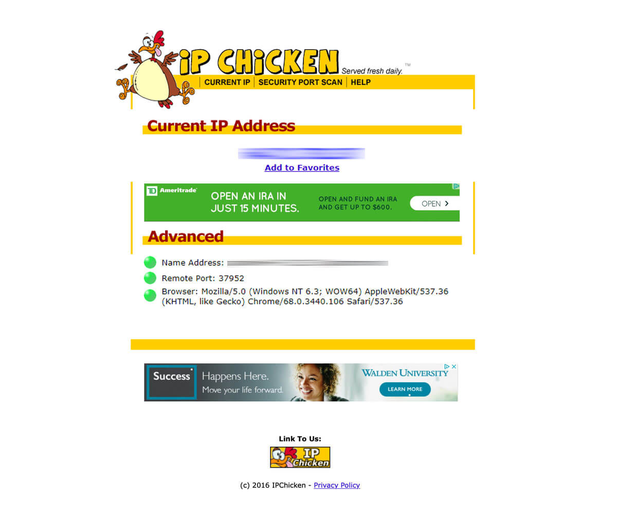 Access ipchicken.com. IP Chicken - What is my IP address? Free public IP  lookup.