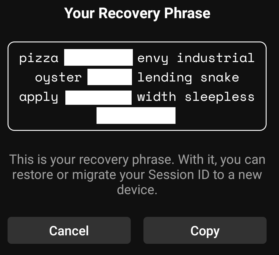 Session App Recovery Phrase