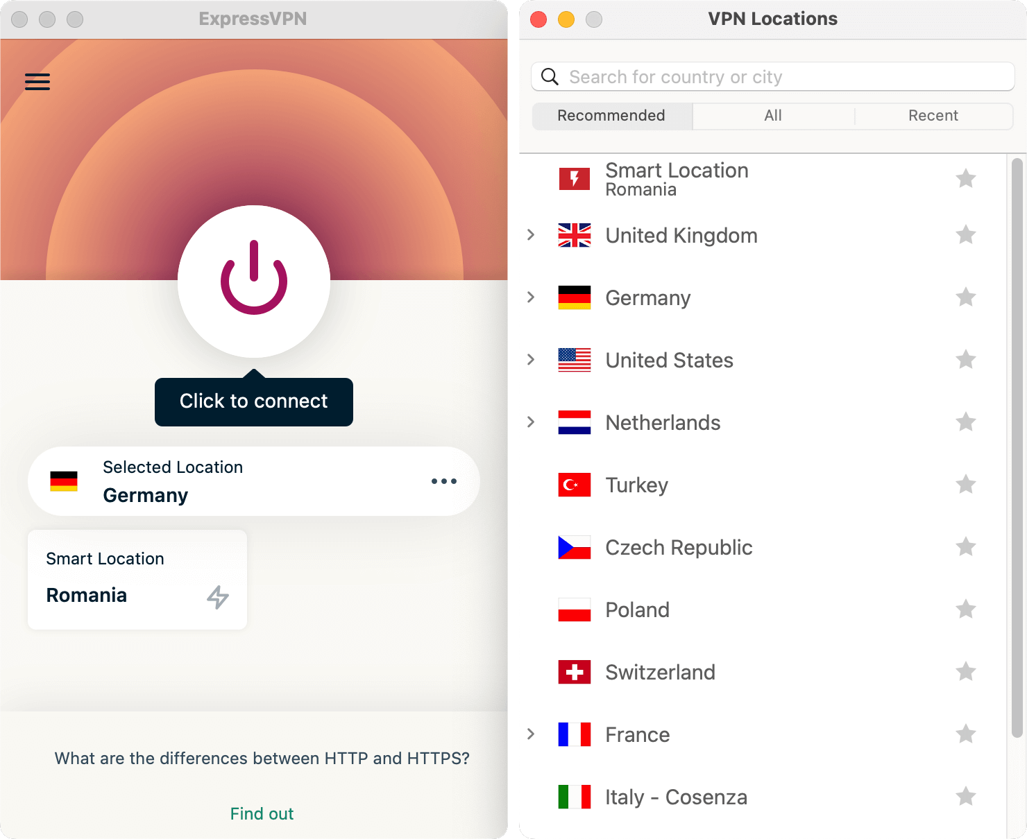 Interfața aplicației ExpressVPN arătând opțiunile serverului