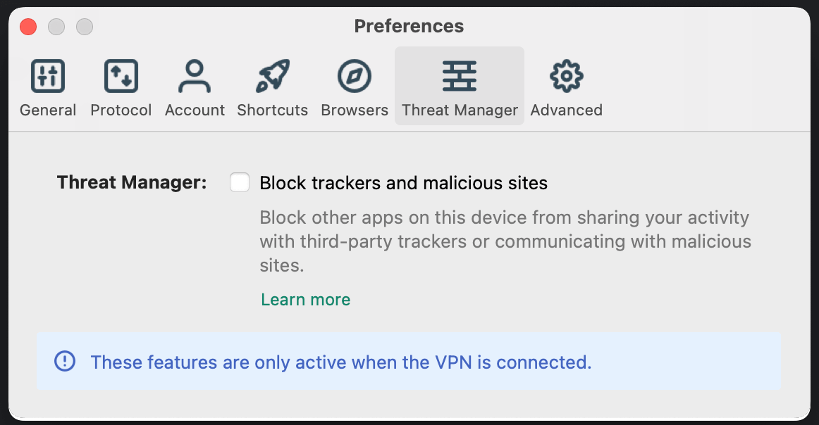 ExpressVPN option page showing the threat manager option
