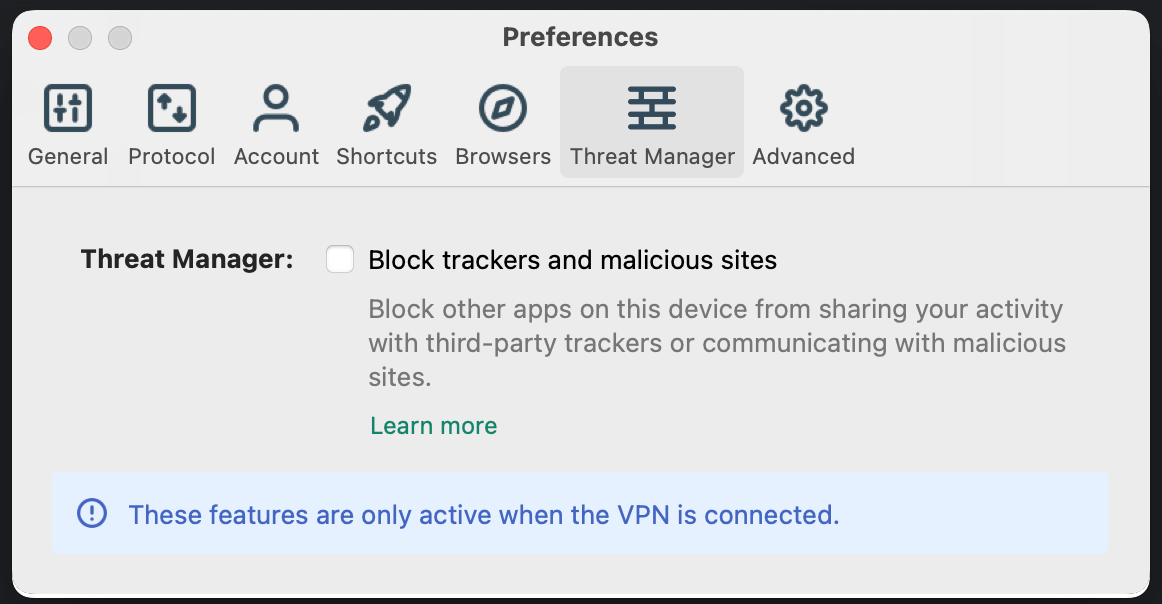 Halaman opsi ExpressVPN menampilkan opsi threat manager