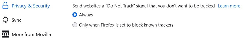 Firefox "Do not track" privacy settings page