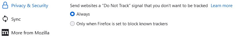 Page des paramètres de confidentialité de Firefox "Ne pas suivre"