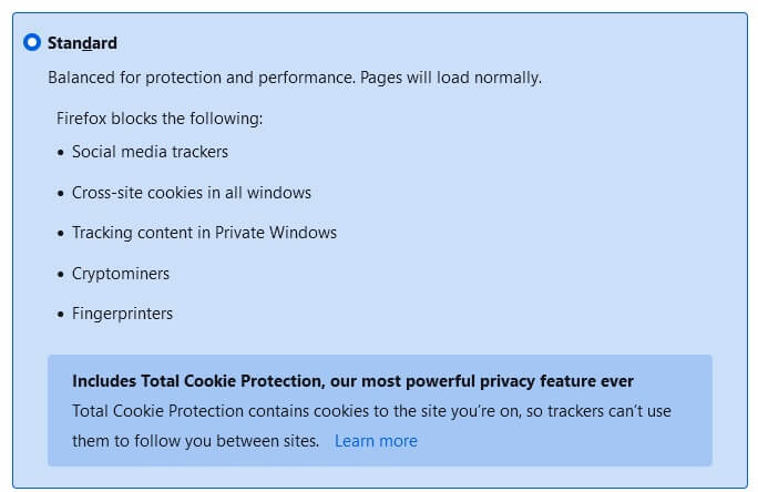 Firefox privacy settings page with "Standard" protection option selected
