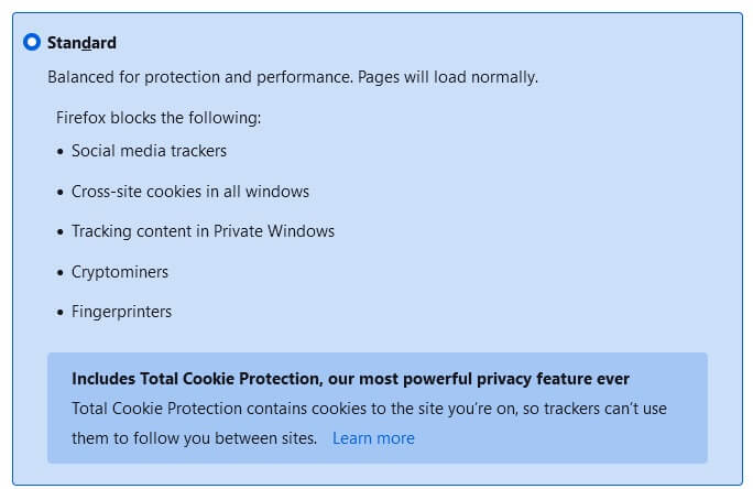 Privacy-instellingenpagina van Firefox met de optie 'Standaard' bescherming geselecteerd