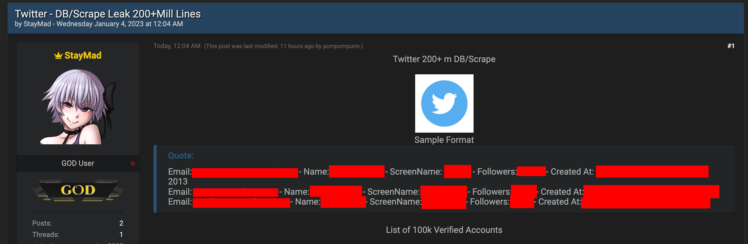 Image of a Forum post regarding a Twitter data leak