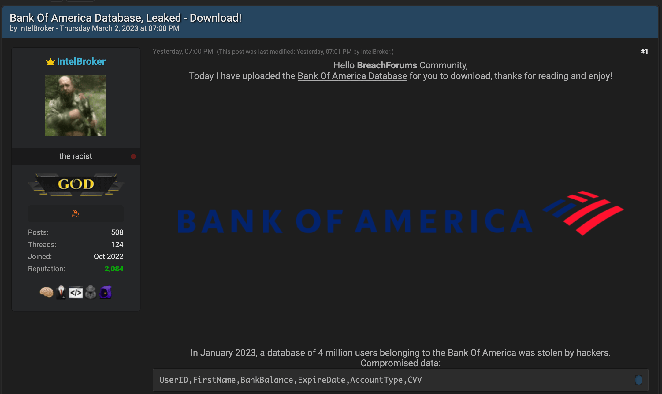 Hackers Leak Bank of America Database of 4 Million Customers