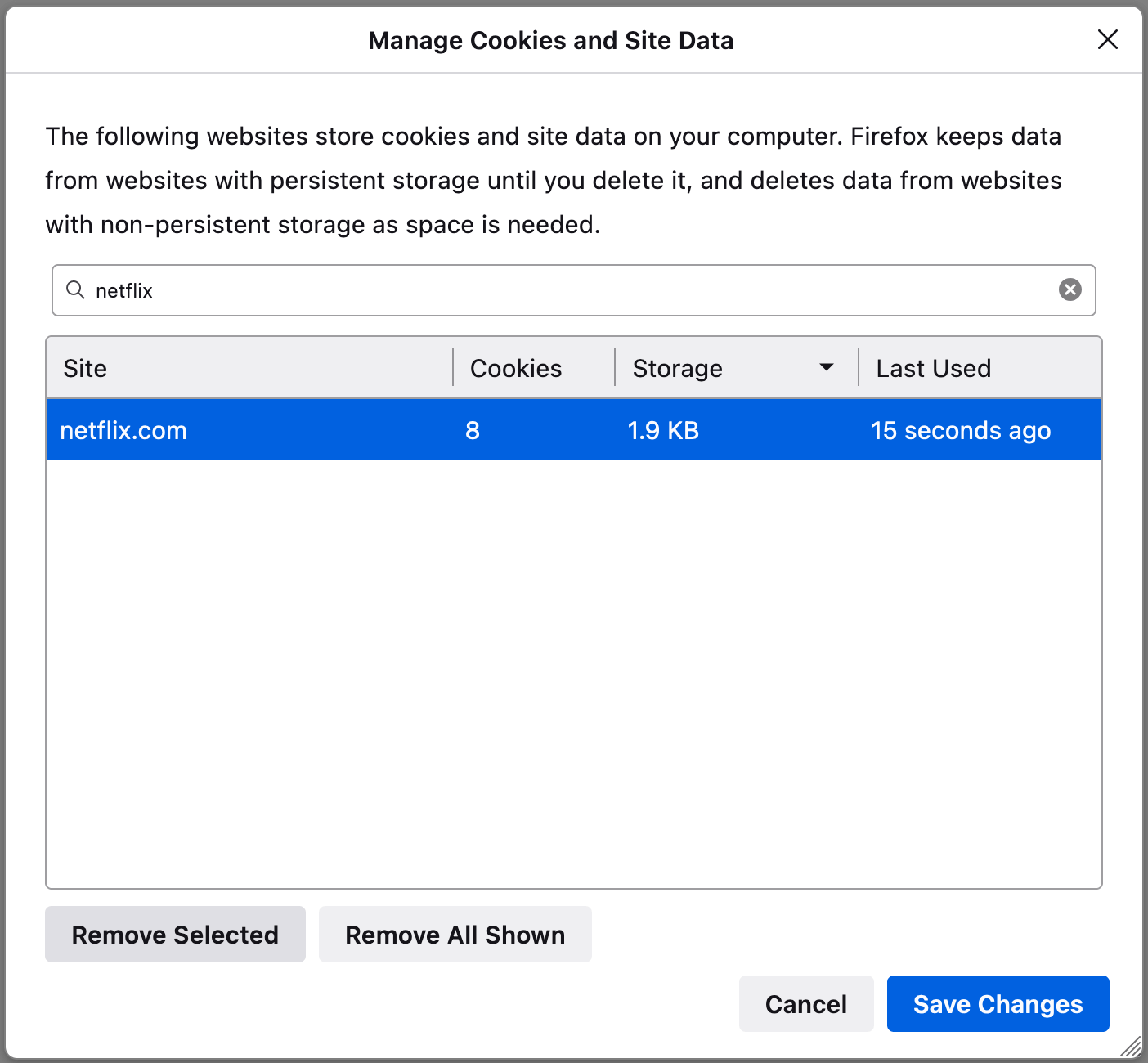 Deleting Netflix cookies on Firefox