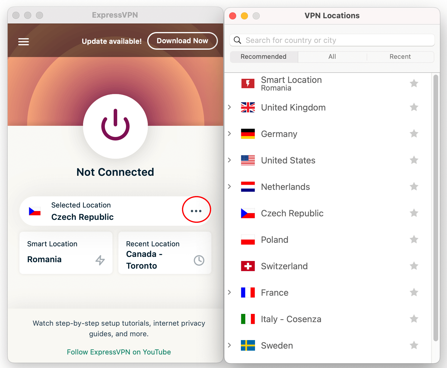 Changing location on ExpressVPN