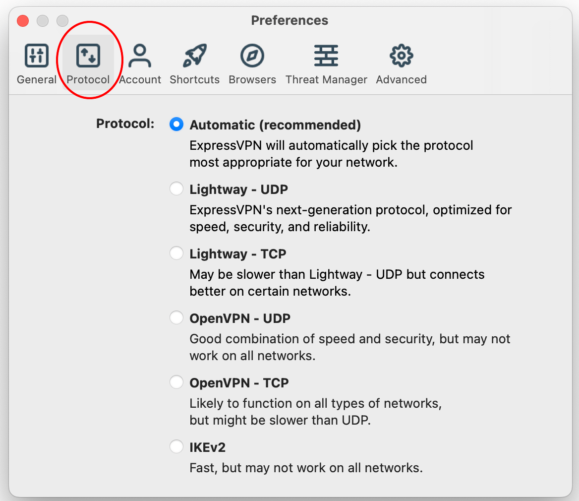 Changing protocols on ExpressVPN