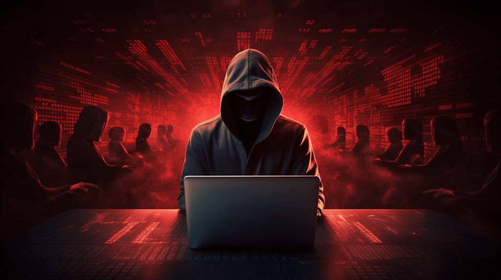 Image showing a hacker using a laptop behind several individuals