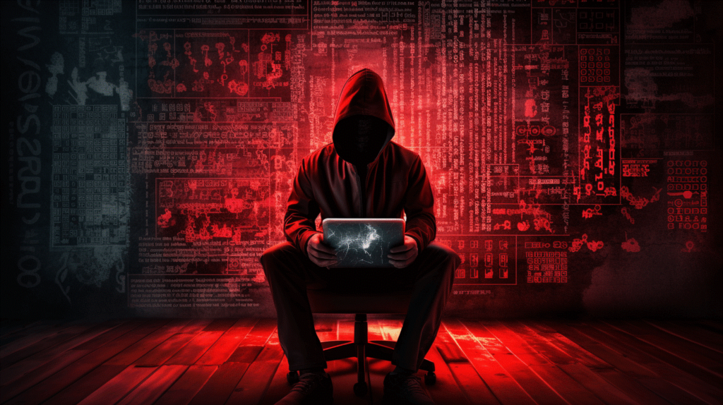 Image showing a hacker using a laptop on a chair, in a red room