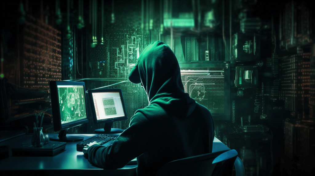 Image showing a hooded hacker using a computer in a digital room