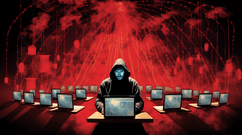 Image showing a hacker surrounded by a network of laptops