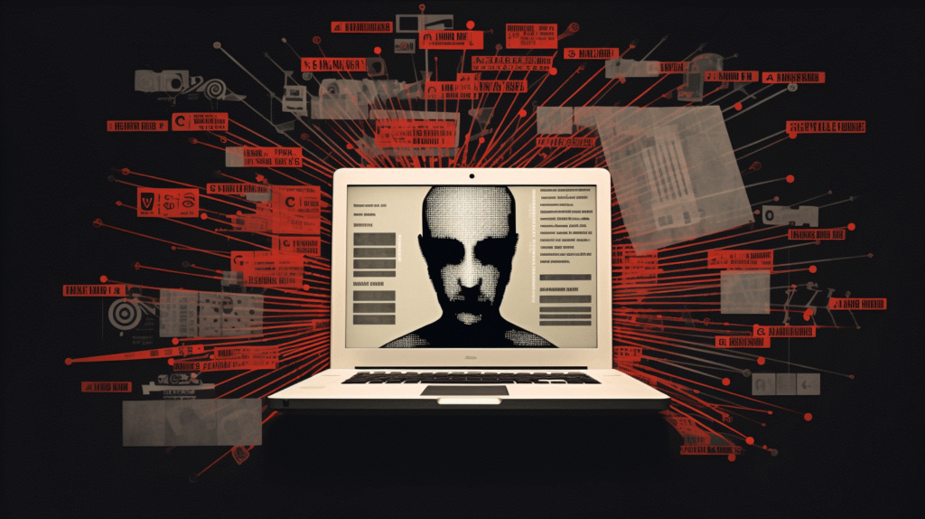 Image showing a laptop with the picture of a man, surrounded by data