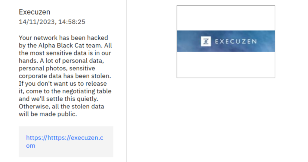 Screenshot of a Telegram announcement by ALPHV about the Execuzen attack