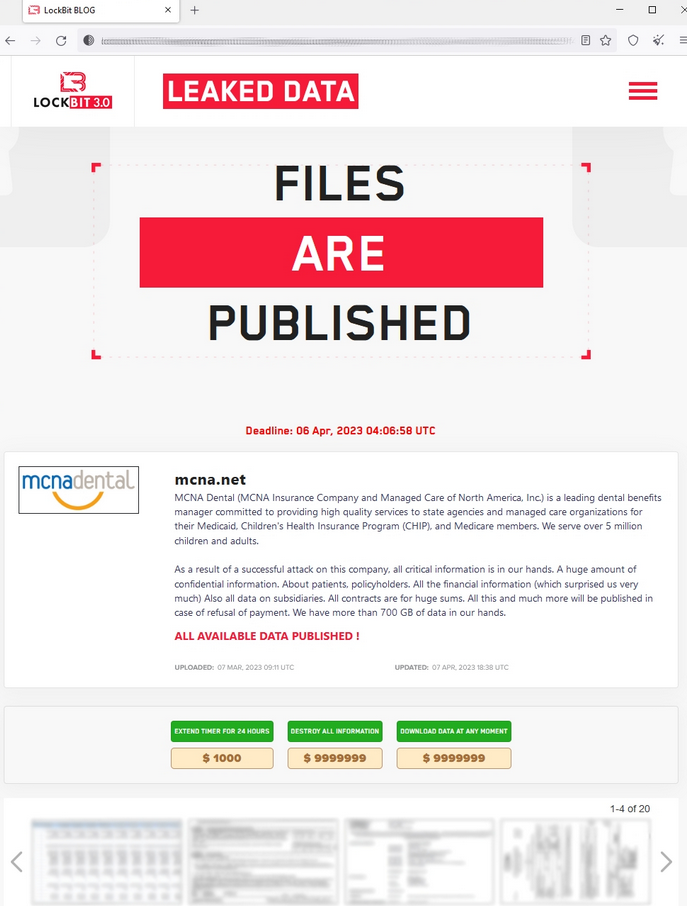 Lockbit post about the stolen MCNA data