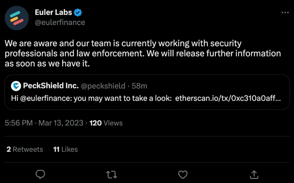 X tweet on Euler Labs crypto hack