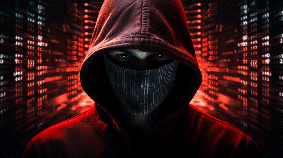 An image that shows a hooded hacker in front of lines of code