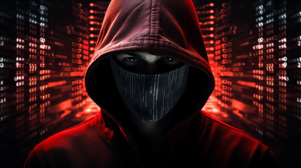 O imagine care prezintă un hacker cu glugă în fața unor linii de cod