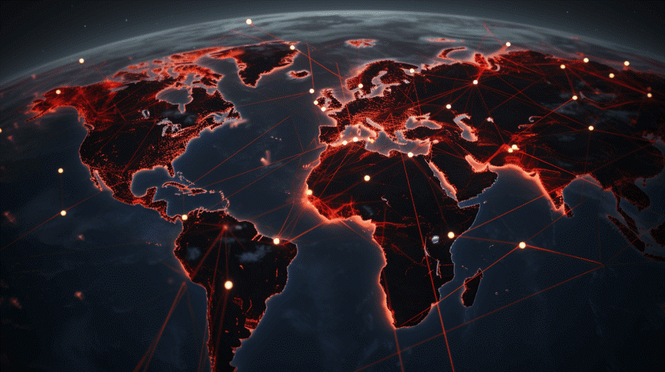 Image of a geographical maps with red dots on it