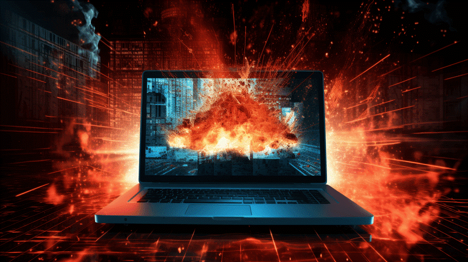 Image of a computer in the middle of a cyber explosion
