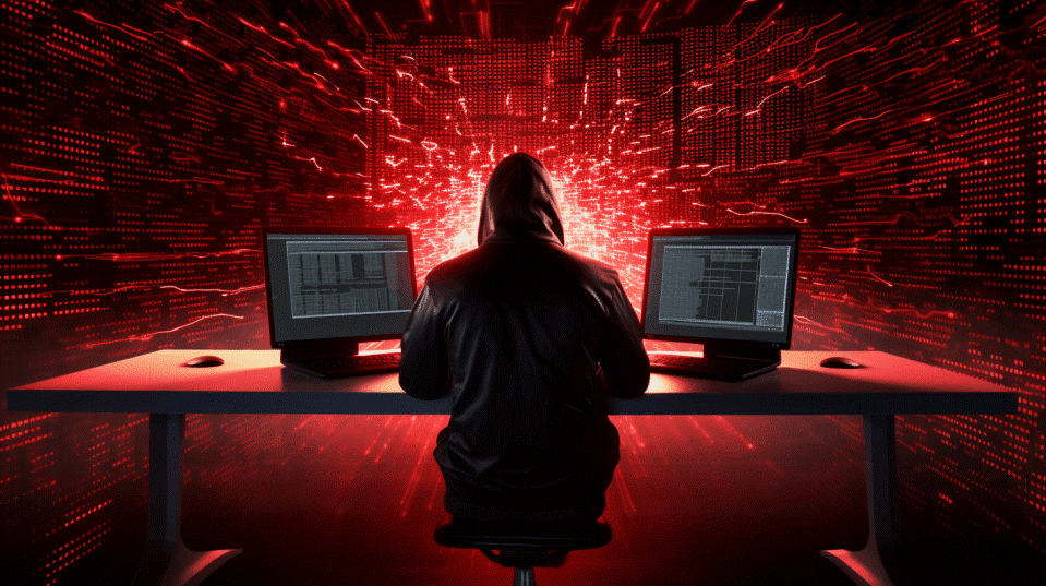 Image of a hacker sitting in front of two laptops in the digital space