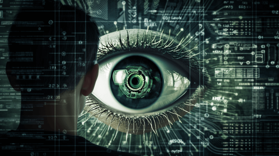 Image of a man looking at a cyber eye, surrounded by lines of code