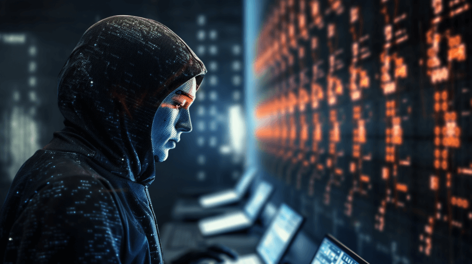 Image montrant un hacker en intelligence artificielle devant un serveur