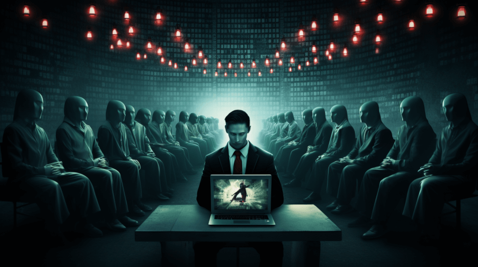 Image showing multiple faceless people sitting down in a cyber landscape