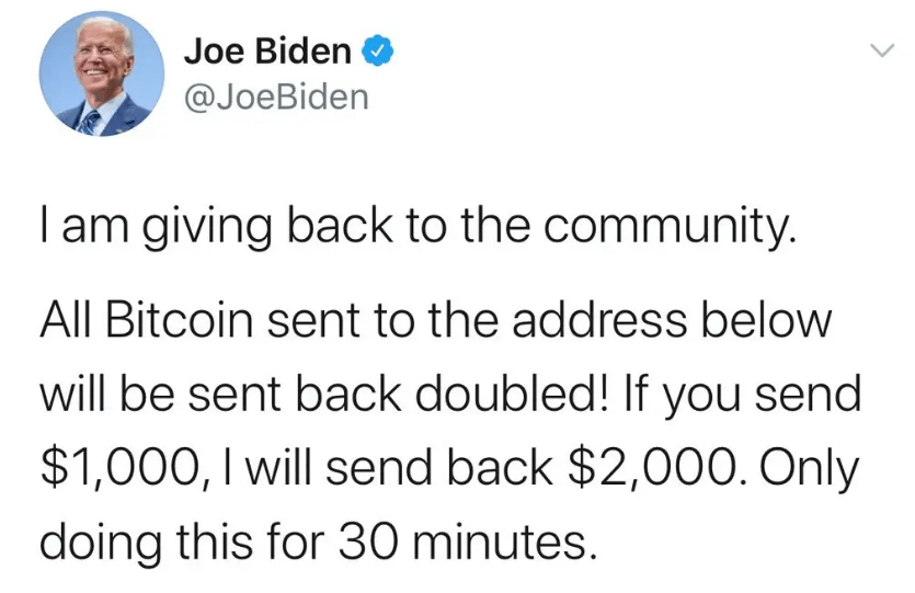 Image showing a fake crypto scam tweet from Joe Biden