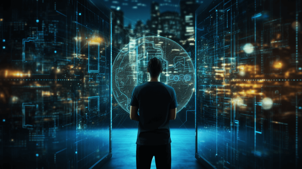 Image showing a man staring at a cybersecurity hologram