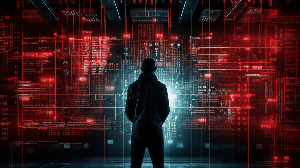 Image showing a hacker standing in front of a cyber screen
