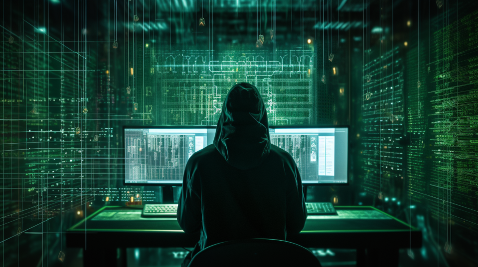 Image of a hacker sitting in front of two computers
