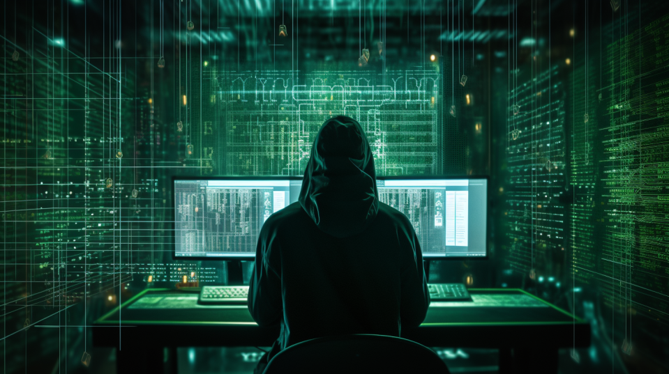 Gambar seorang hacker duduk di depan dua komputer