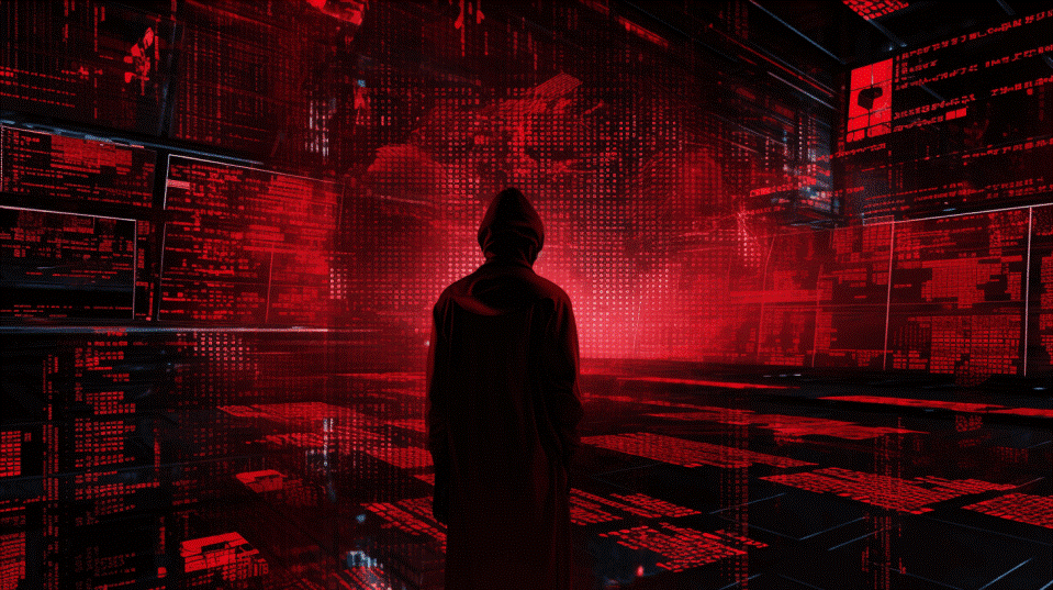 Image showing a hacker looking into the red cyberspace