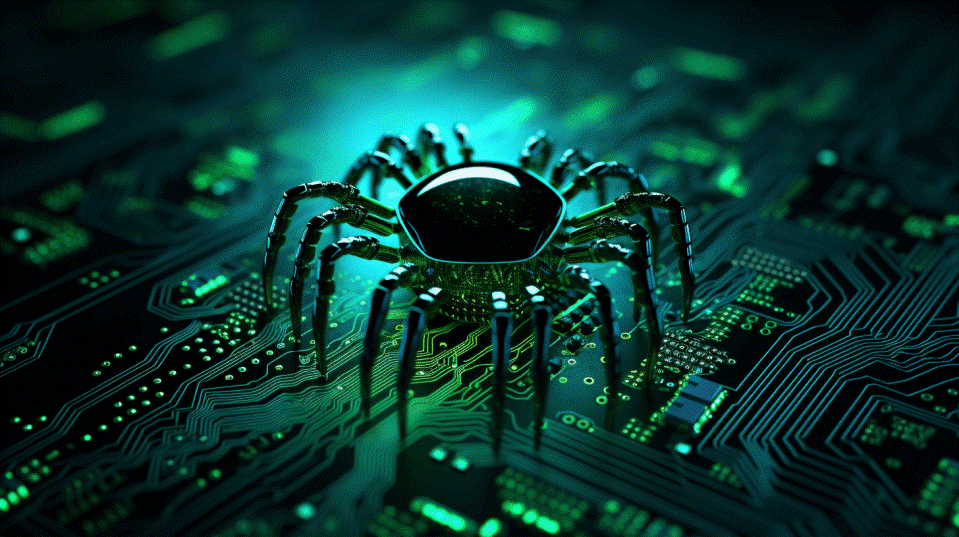 Bild zeigt eine Cyber-Spinne, die auf einer Leiterplatte kriecht