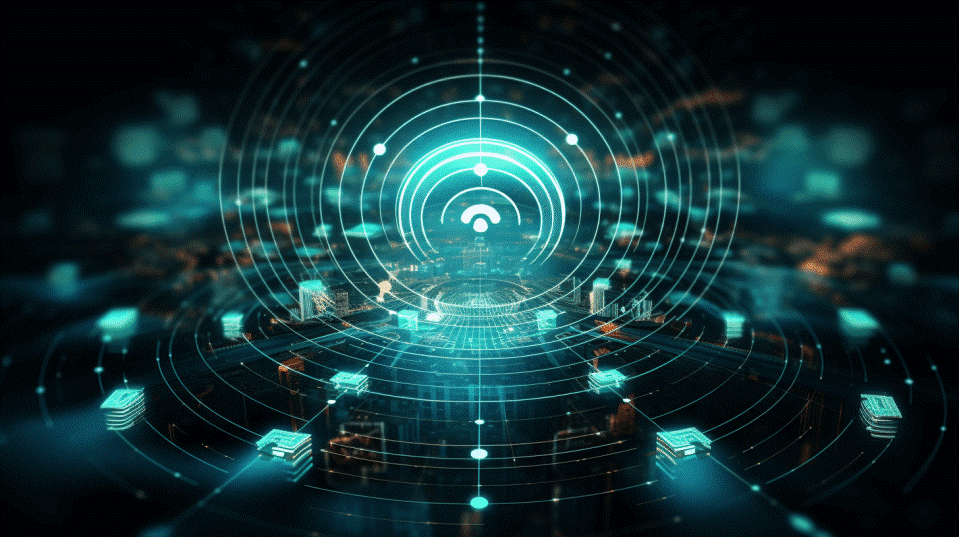 Imagen de una red Wi-Fi rodeada de archivos de datos