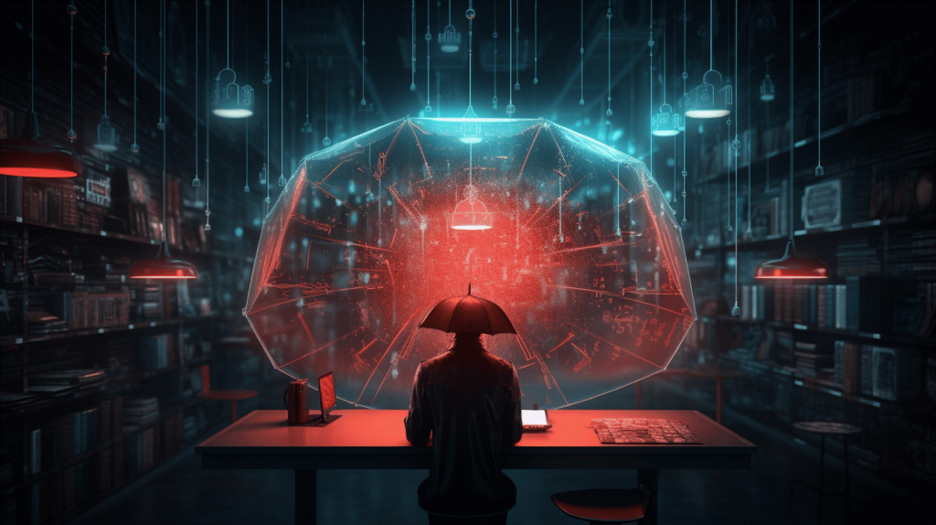 Image of a man holding an umbrella in an office overlooking the cyberspace
