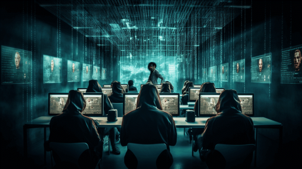 Image showing a room full of hackers surrounded by digital code