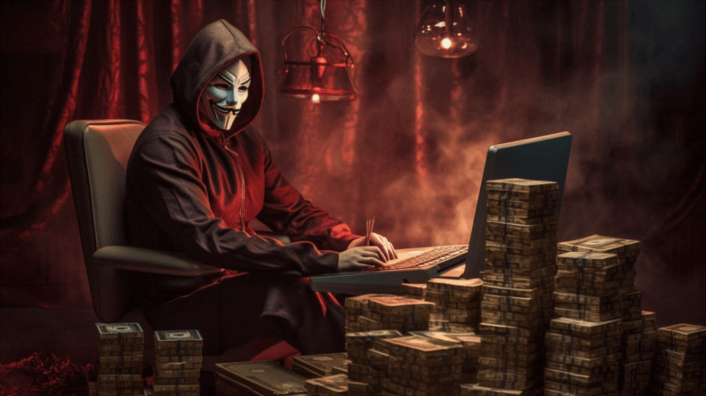 Image showing a hooded and masked hacker with stacks of money nearby