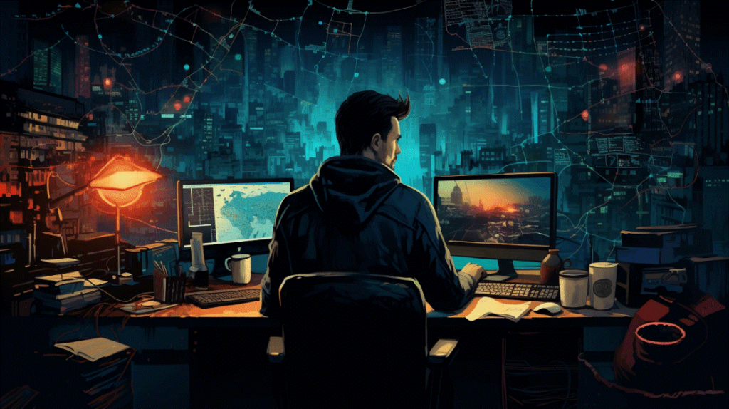 Image showing a man sitting at a desk working on a computer, with a digital landscape in front of him