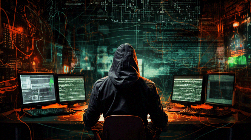Image of a hooded hacker sitting at a table with four computers on it, surrounded by digital code