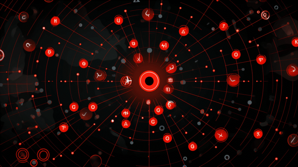 Image of a black and red digital landscape with multiple red icons
