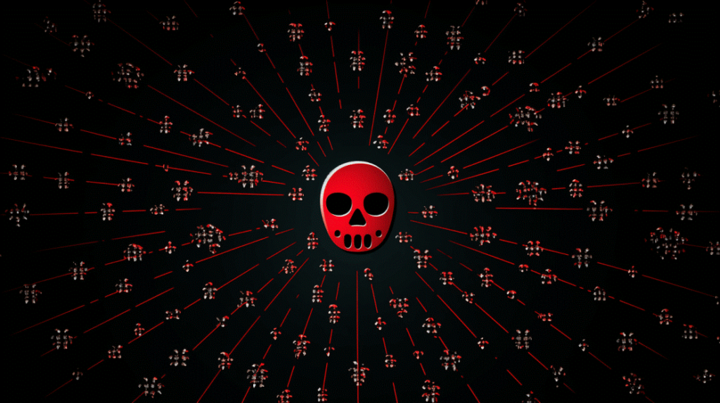 An image showing a red skull being connected to multiple points by red lines