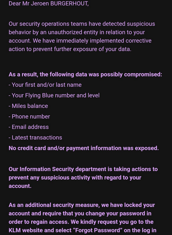 Air France & KLM customer report about data breach