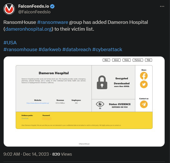 Tweet showing the RansomHouse attack on the US hospital