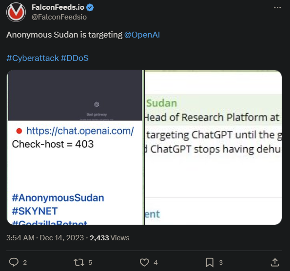 Tweet showing the Anonymous Sudan attack announcement on OpenAI