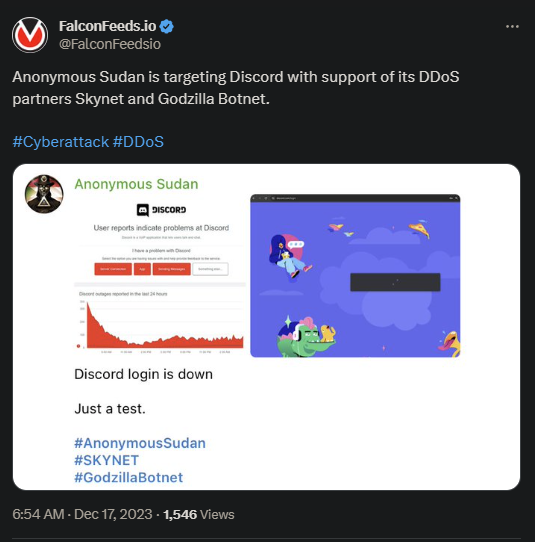 Tweet showing the Anonymous Sudan attack on Discord
